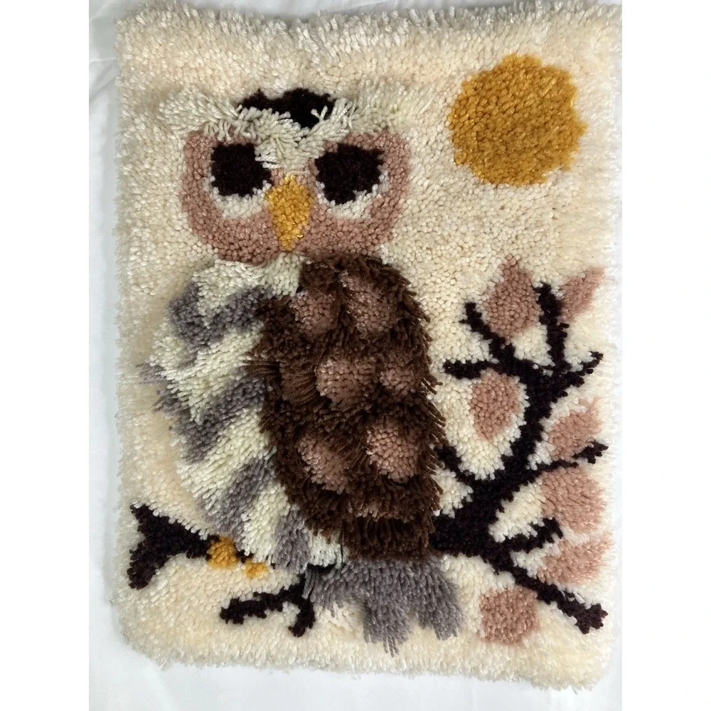 Vintage 1977 Bernat Hi Lo Latch Hook Owl Yarn Wall Tapestry Hanging Retro MCM